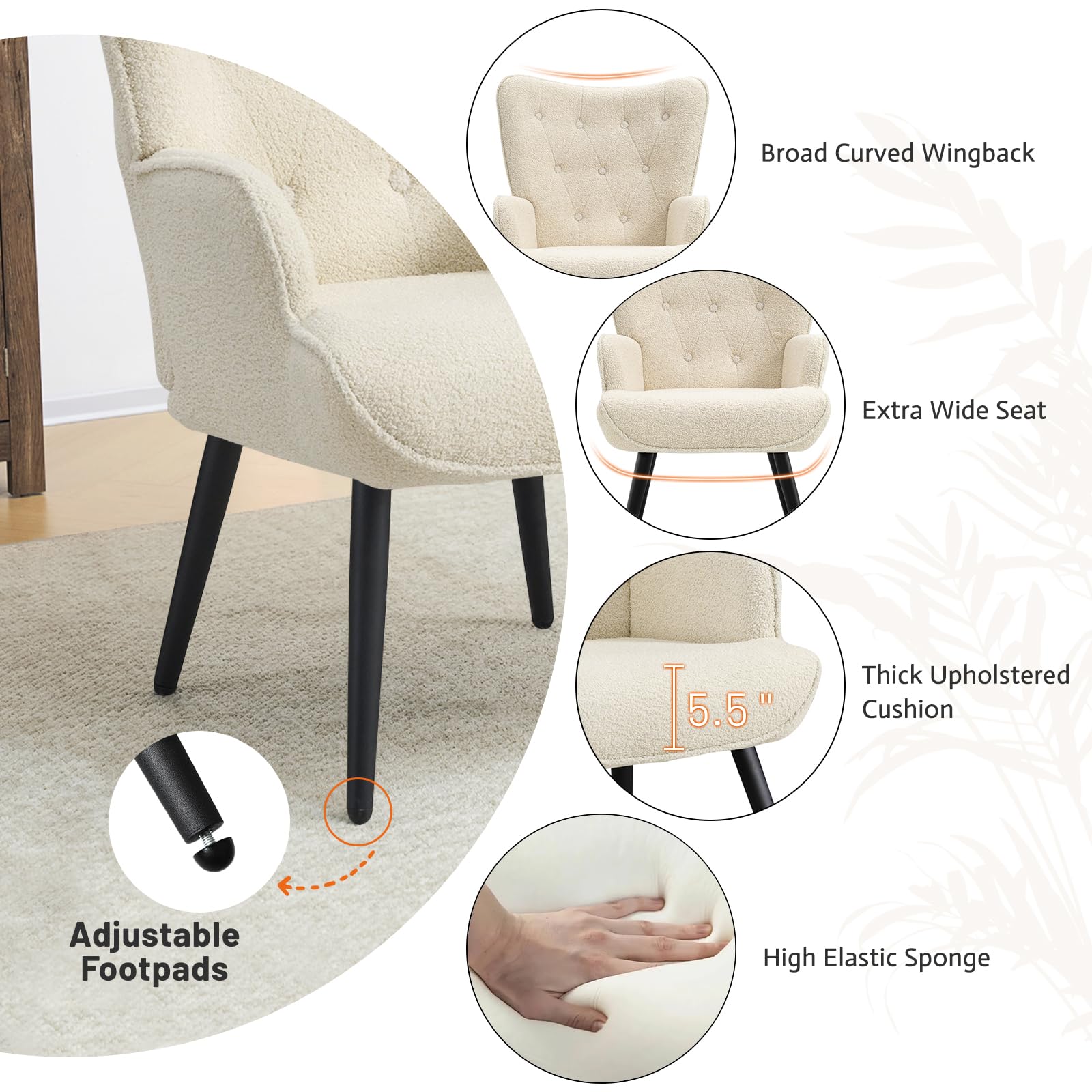 Boucle Accent Chair for Living Room, Upholstered Reading Chair with High Backrest, Tufted-Button Wingback Armchair for Bedroom, Dressing Room, Home Office, Ivory White, Set of 2