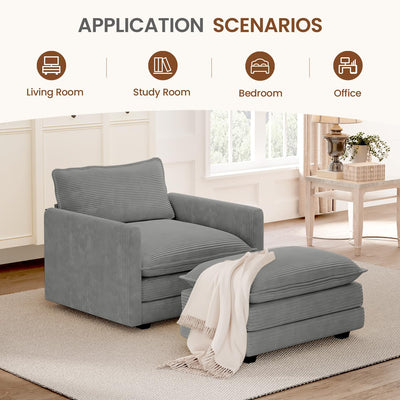 Single Armchair with Ottoman, Modern Corduroy Cloud Couch with Convertible Chaise, Upholstered Sofa Set for Living Room and Office, Dark Grey