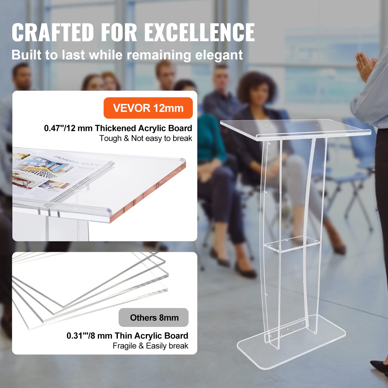 Acrylic Podium, 47" Clear Acrylic Podium Stand with Wide Reading Surface & Storage Shelf, Floor-Standing Clear Pulpits Acrylic for Church Office School