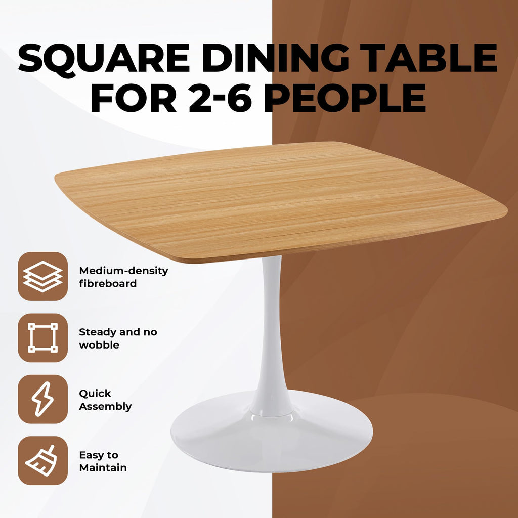 42 Inch Square Tulip Dining Table for 2-6 Person, Modern Mid-Century Kitchen Table with MDF Top & Oak Finish, Small Space Table for Apartment, Bistro, Cafe, Office and Living Room