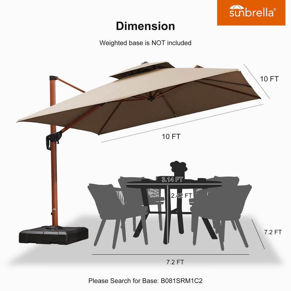 10 Feet Double Top Deluxe Wood Pattern Square Patio Umbrella Offset Hanging Umbrella Cantilever UmbrellaOutdoor Market Umbrella Garden Umbrella, Heather Beige
