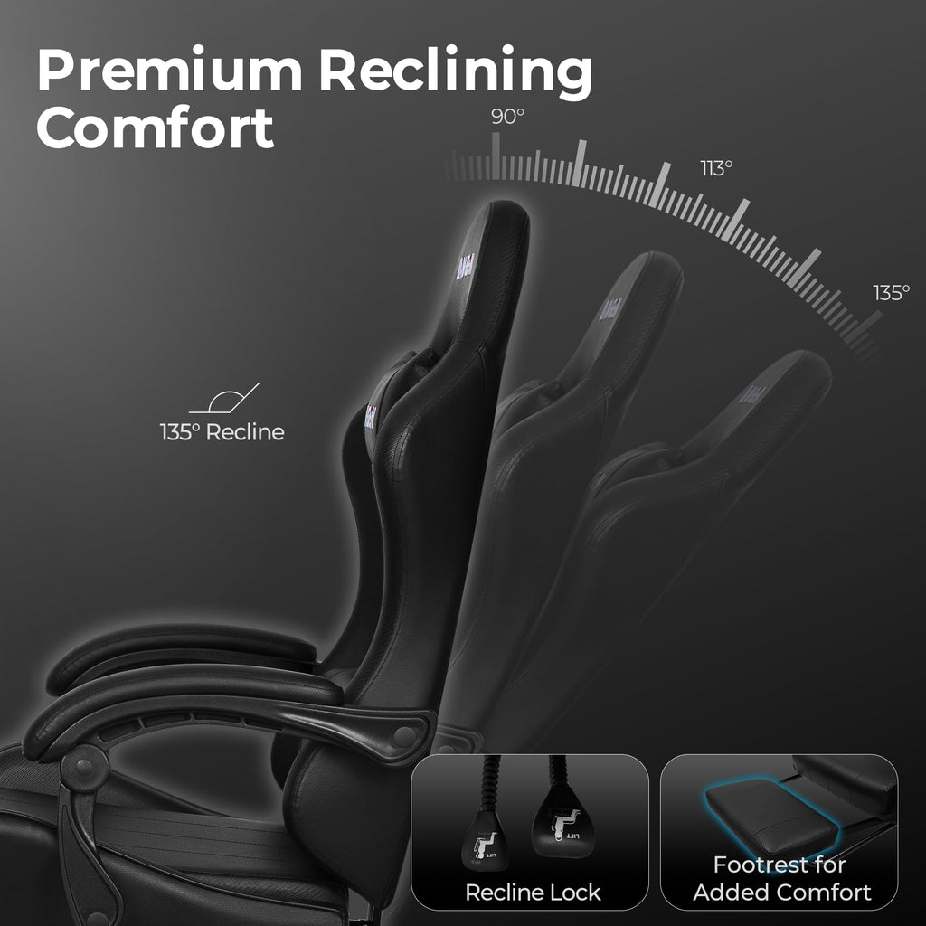Video Gaming Chair with Footrest Lumbar Support for Home Office High Back Recliner Height Adjustable Ergonomic Comfy Leather Computer Desk Chair (Deep Black)