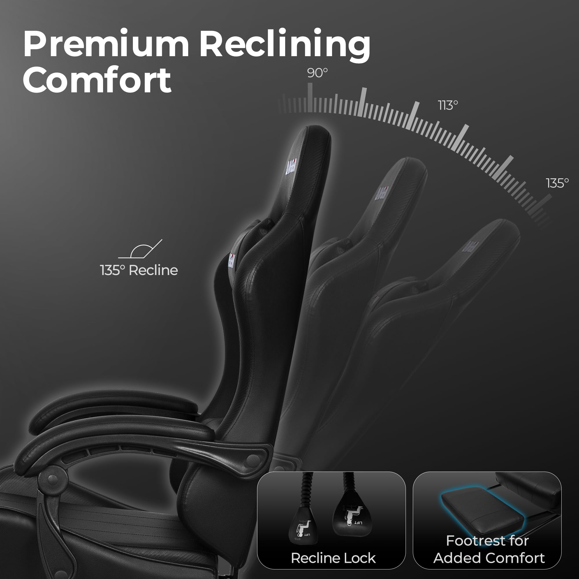 Video Gaming Chair with Footrest Lumbar Support for Home Office High Back Recliner Height Adjustable Ergonomic Comfy Leather Computer Desk Chair (Deep Black)