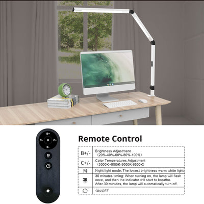 LED Desk Lamp for Home Office, Architect Clamp Desk Lamp with Remote Control, Adjustable Dimmable Swing Arm Clamp on Table Light Clip-on Dual Light 5 Brightness Levels & 4 CCT Modes