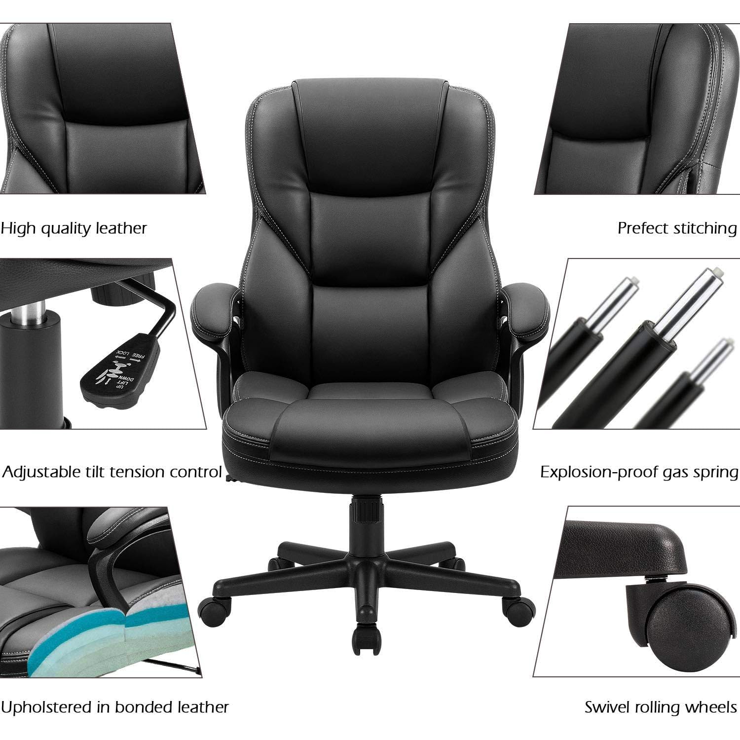 Office Executive Chair High Back Adjustable Managerial Home Desk Chair, Swivel Computer PU Leather Chair with Lumbar Support