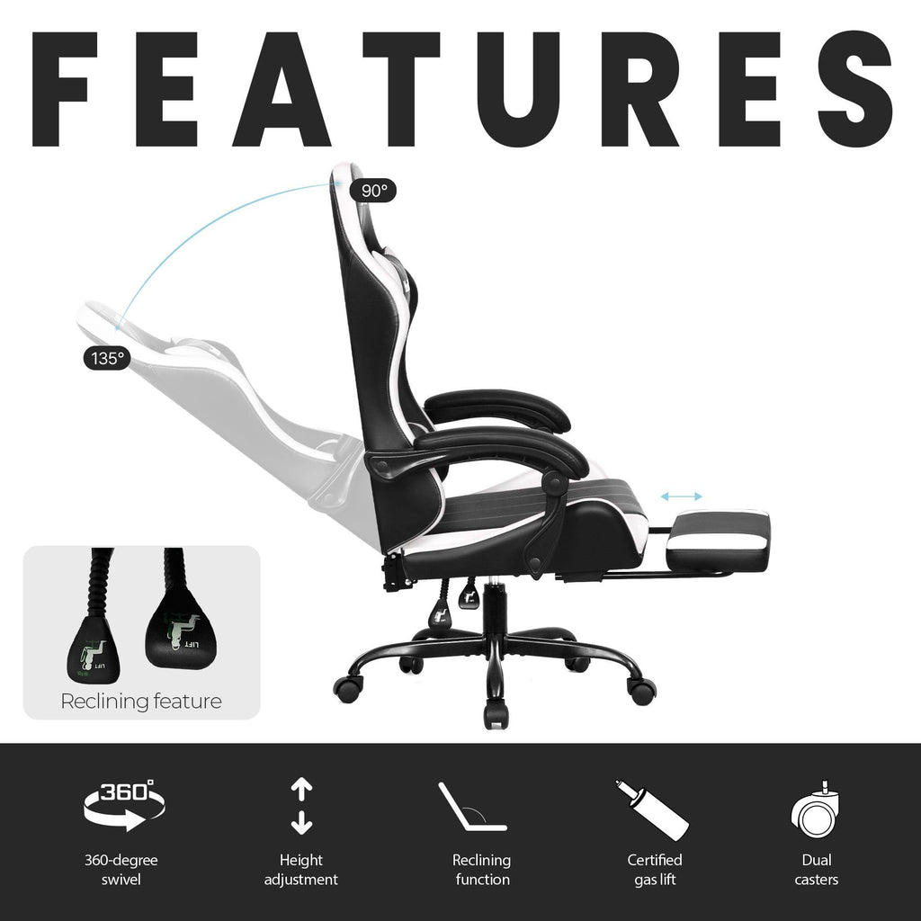 Video Gaming Chair with Footrest Lumbar Support for Home Office High Back Recliner Height Adjustable Ergonomic Comfy Leather Computer Desk Chair (White)