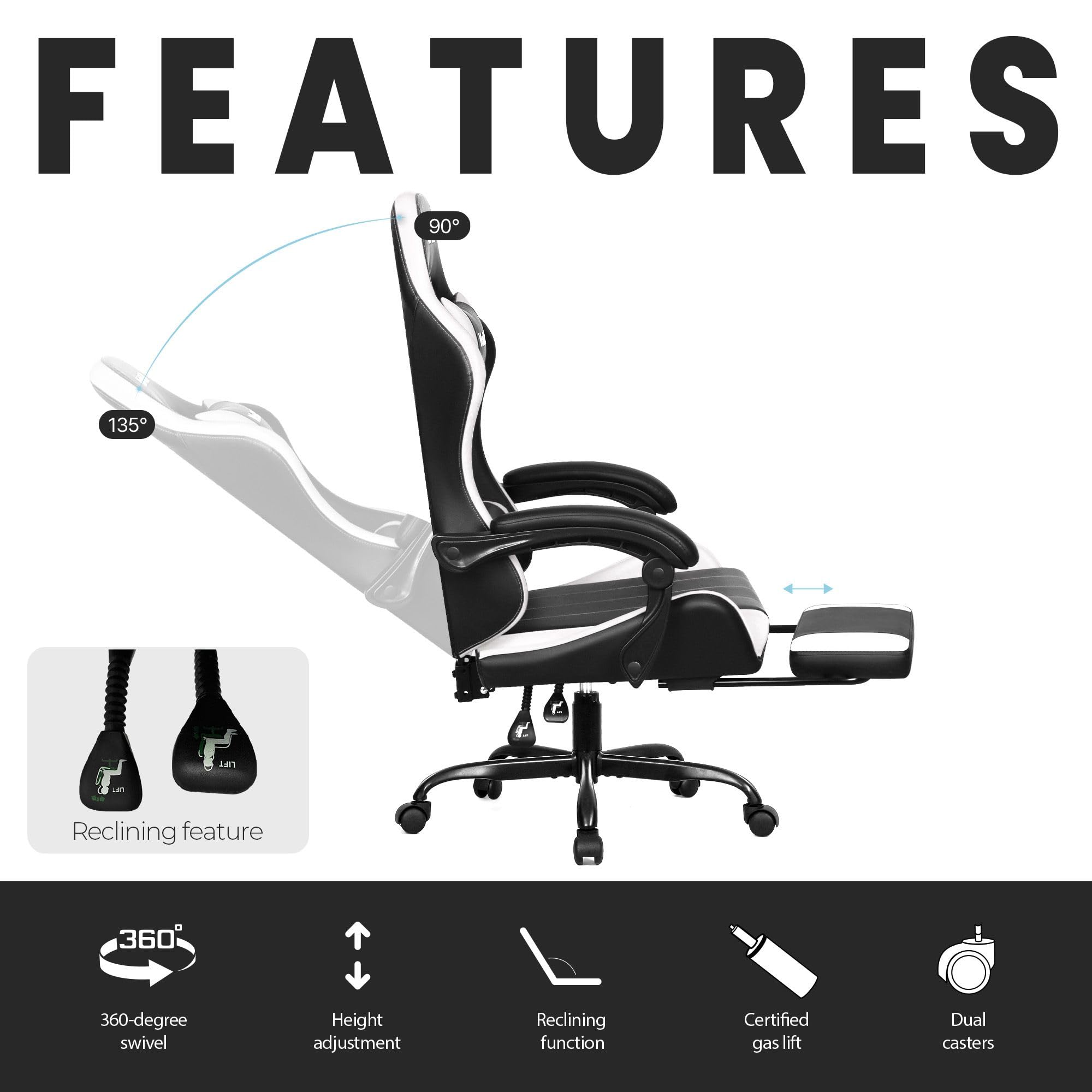 Video Gaming Chair with Footrest Lumbar Support for Home Office High Back Recliner Height Adjustable Ergonomic Comfy Leather Computer Desk Chair (White)