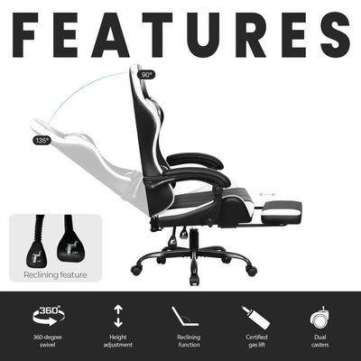 Video Gaming Chair with Footrest Lumbar Support for Home Office High Back Recliner Height Adjustable Ergonomic Comfy Leather Computer Desk Chair (White)