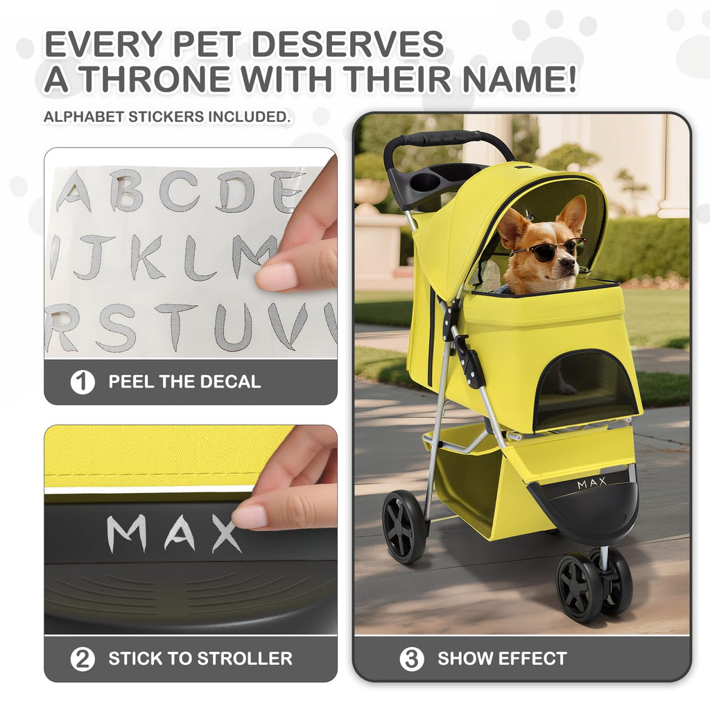 Foldable Pet Stroller with Waterproof Cover, 3-Wheels Dog Strolling Cart for Small/Medium Dogs and Cats with Storage Basket and Cup Holder, Breathable and Visible Mesh for All-Season, Yellow