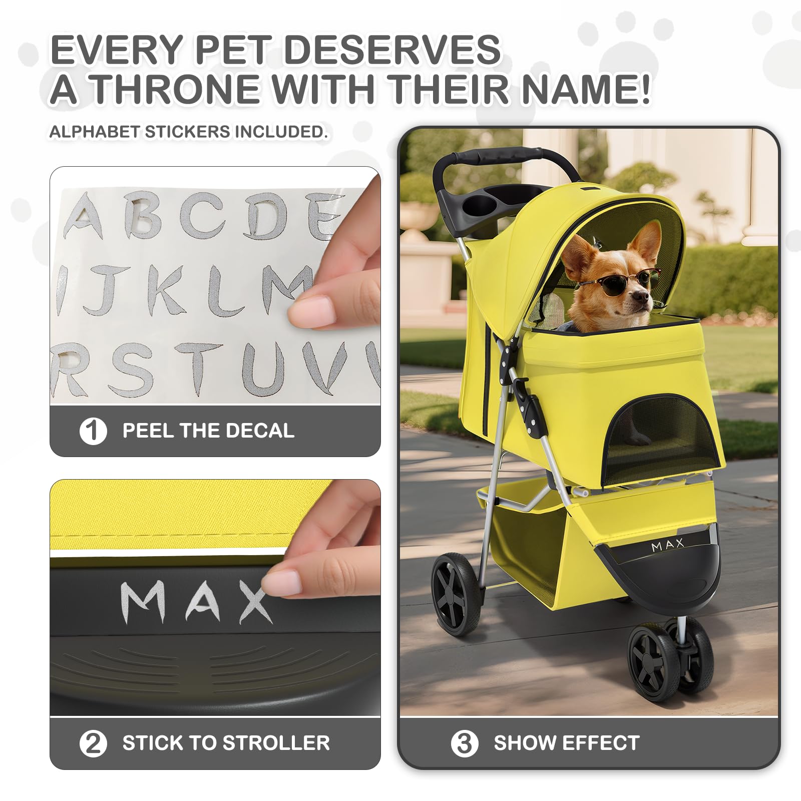 Foldable Pet Stroller with Waterproof Cover, 3-Wheels Dog Strolling Cart for Small/Medium Dogs and Cats with Storage Basket and Cup Holder, Breathable and Visible Mesh for All-Season, Yellow