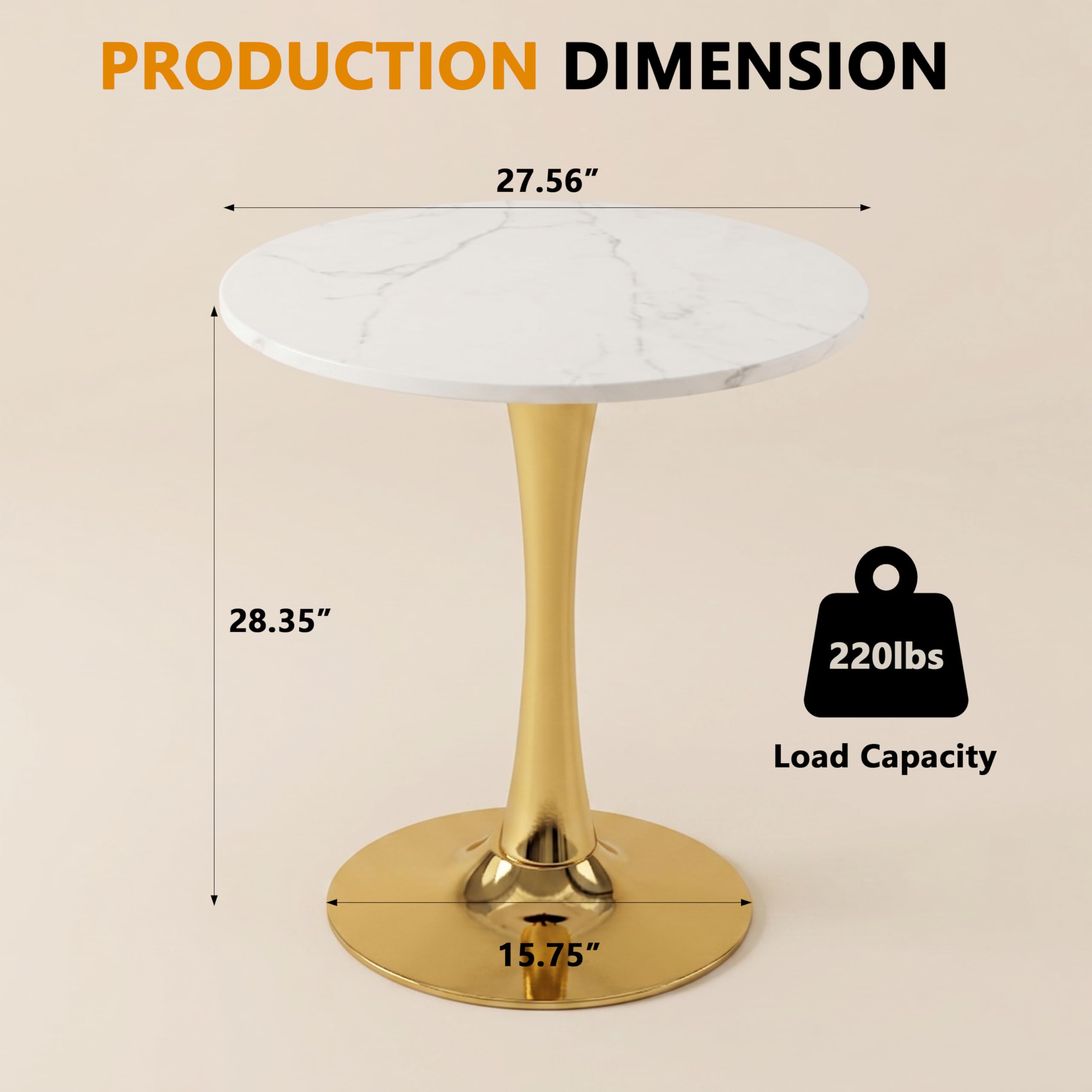 27.6" Marble Round Tulip Table, Mid-Century Modern Style Dining Table with Gold Pedestal Base for 2-4 People, Featuring A Marble Tabletop for Kitchen, Dining Room, Cafe (White)