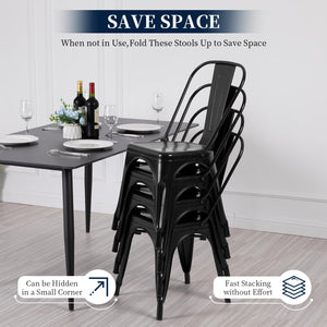 Metal Dining Chairs | Set of 4 | Black | Stackable Tolix Side Chairs with Backrest | Scratch-Resistant | Non-Slip Feet | Indoor/Outdoor Use | 330 lbs Capacity | for Kitchen & Restaurant