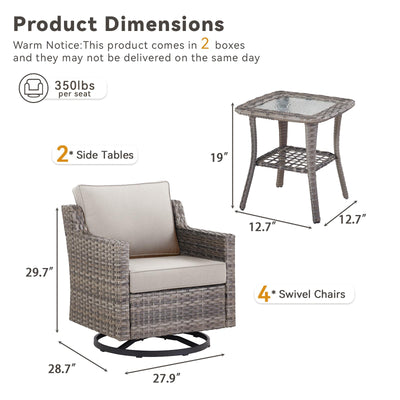 Patio Wicker Chairs Swivel Rocker-Outdoor Swivel Rocker Chair Set of 4 with All Weather Wicker Glider Rocker Set, PE Rattan Swivel Rocking Chair with 2 Side Table for Balcony Deck Porch Grey/Beige