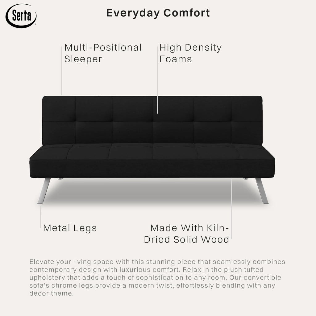 Futon Sofa Bed 66.1", 3-in-1 Convertible Couch Sleeper for Small Spaces, Tufted Back, Twin Size Guest Bed, Black Woven Fabric