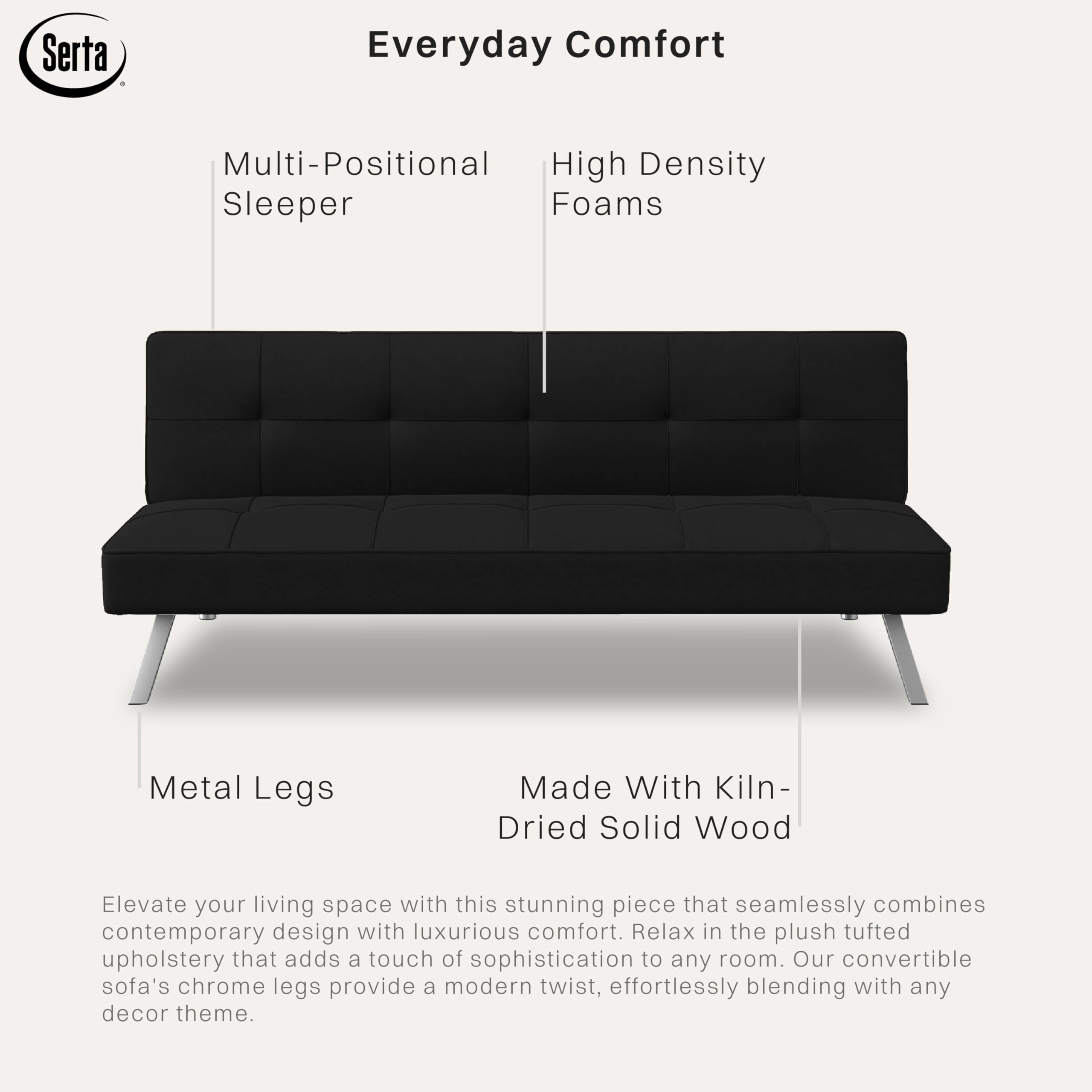 Futon Sofa Bed 66.1", 3-in-1 Convertible Couch Sleeper for Small Spaces, Tufted Back, Twin Size Guest Bed, Black Woven Fabric