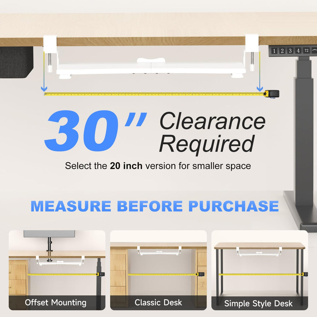 Keyboard Tray Under Desk Pull Out with C Clamp Mount, Computer Keyboard & Mouse Tray, 25.6 (30 Including Clamps) x 11.8 inch Slide-Out Platform Computer Drawer for Typing, White, DSF1W