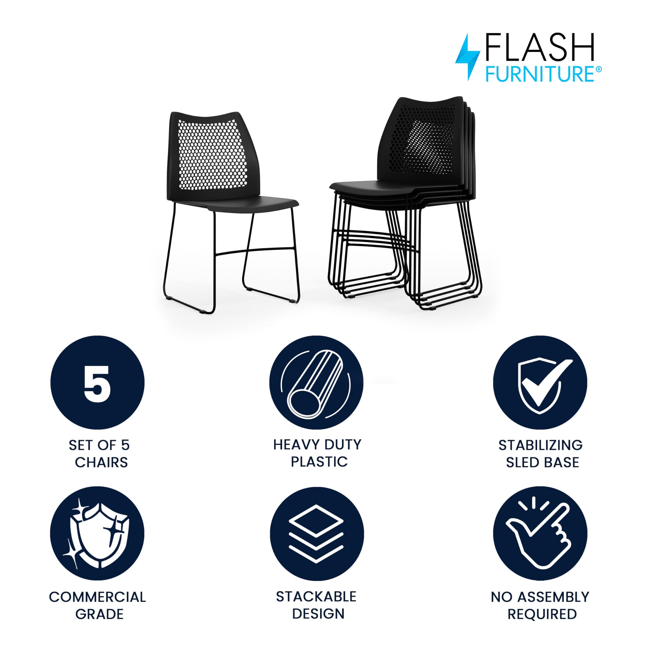 Set of 5 Black, Hercules Series Contoured Lobby Chairs with Air-Vent Honeycomb Backs, Ergonomic Stacking Chairs for Offices