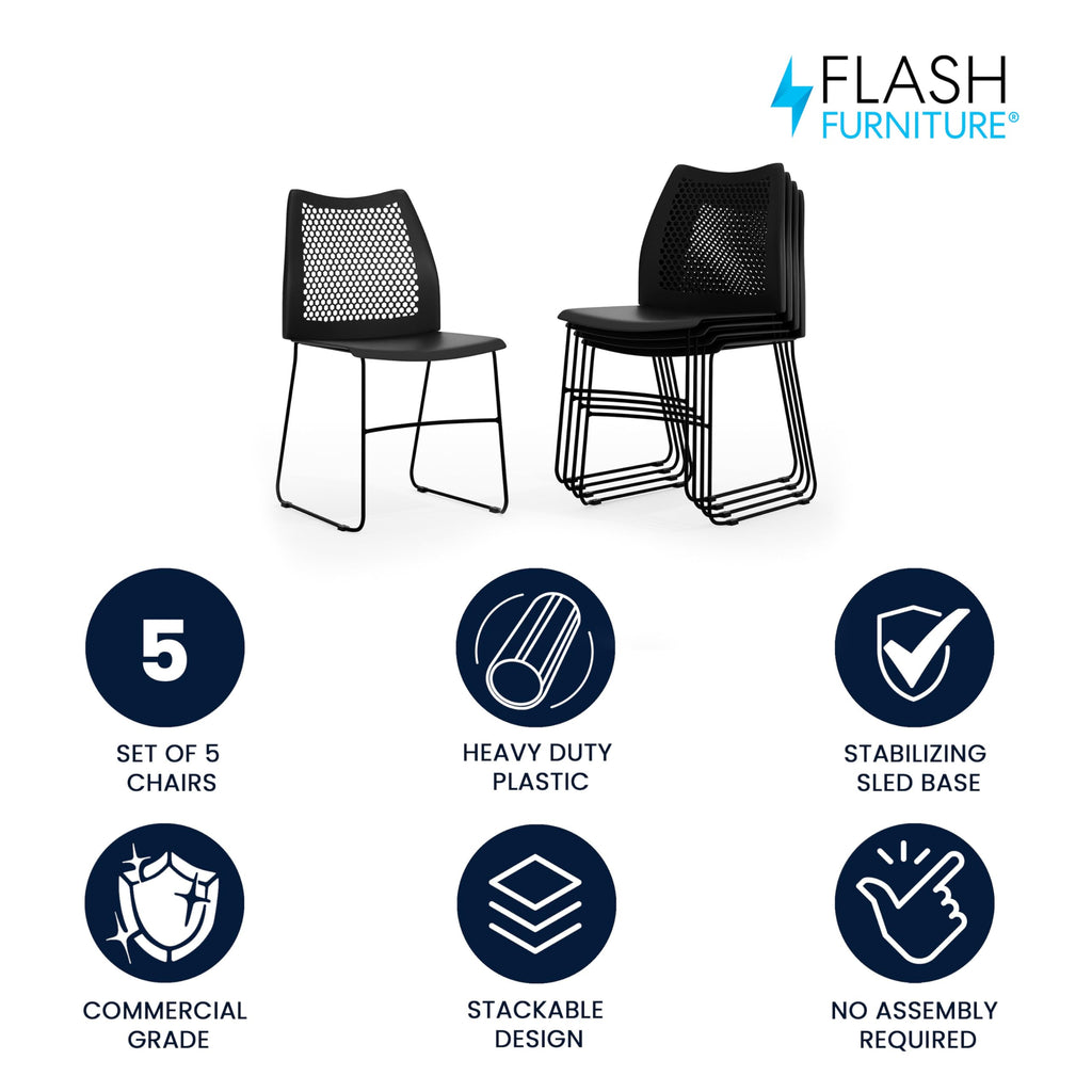 Set of 5 Black, Hercules Series Contoured Lobby Chairs with Air-Vent Honeycomb Backs, Ergonomic Stacking Chairs for Offices