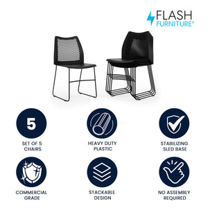 Set of 5 Black, Hercules Series Contoured Lobby Chairs with Air-Vent Honeycomb Backs, Ergonomic Stacking Chairs for Offices
