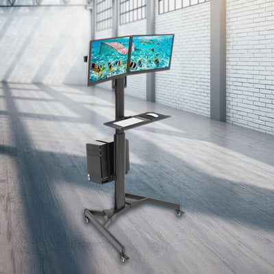 Dual Monitor Computer Cart – Mobile Standing Desk with Wheels, Rolling Workstation with Keyboard Tray, CPU Holder, and Adjustable Screen Mount for Office, Medical, or Warehouse