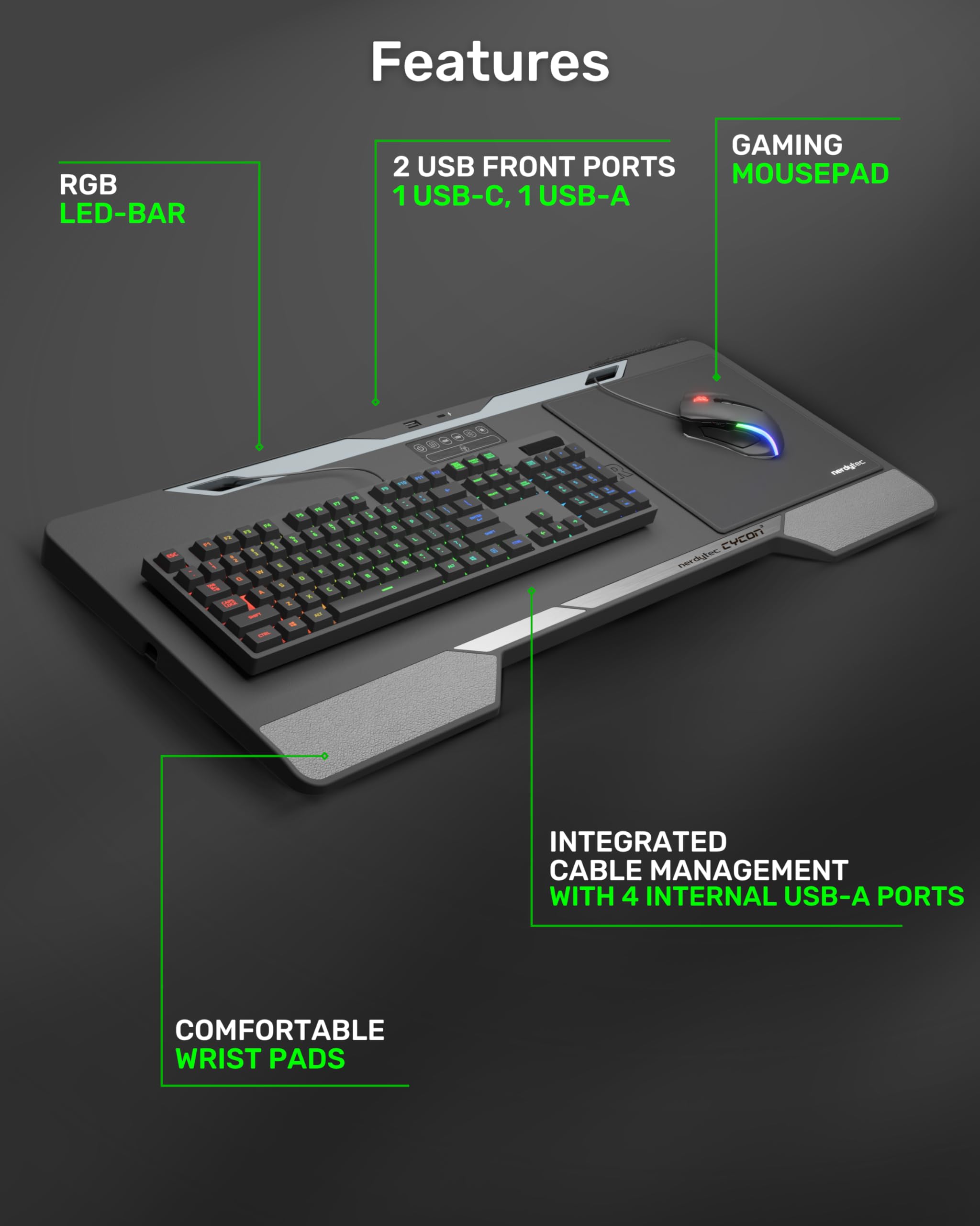 Lapboard³ with HORIZONLIGHT RGB Bar, Ultimate Ergonomic USB-Hub Gaming Lap Board for Couch and Bed, Large, Stable and Compatible with All Keyboards and Mice, Laptops, PCs, PS4/5, Xbox