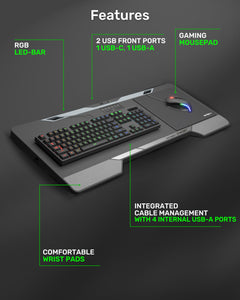 Lapboard³ with HORIZONLIGHT RGB Bar, Ultimate Ergonomic USB-Hub Gaming Lap Board for Couch and Bed, Large, Stable and Compatible with All Keyboards and Mice, Laptops, PCs, PS4/5, Xbox