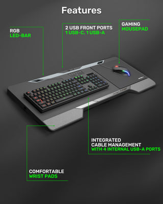 Lapboard³ with HORIZONLIGHT RGB Bar, Ultimate Ergonomic USB-Hub Gaming Lap Board for Couch and Bed, Large, Stable and Compatible with All Keyboards and Mice, Laptops, PCs, PS4/5, Xbox