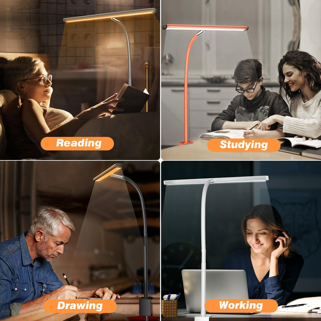 LED Desk Lamp for Office Home, Eye-Caring Desk Light with Stepless Dimming Adjustable Flexible Gooseneck, 10W USB Adapter Desk Lamp with Clamp for Reading, Study, Workbench (Orange)