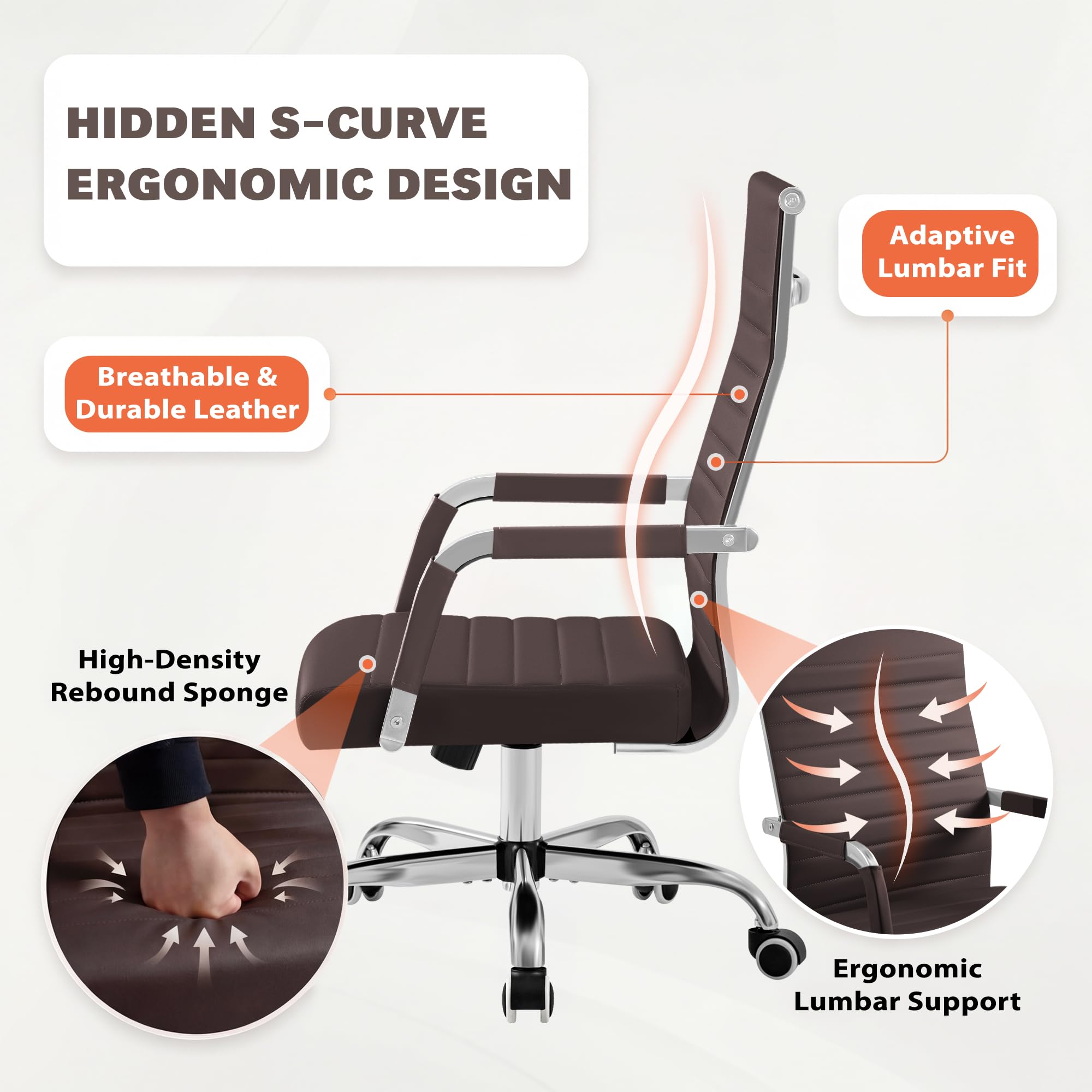 Ergonomic Office Desk Chair, Executive Ribbed Mid-Back PU Leather Conference Room Chair Adjustable Swivel Chair with Arms (2, Brown)
