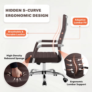 Ergonomic Office Desk Chair, Executive Ribbed Mid-Back PU Leather Conference Room Chair Adjustable Swivel Chair with Arms (2, Brown)