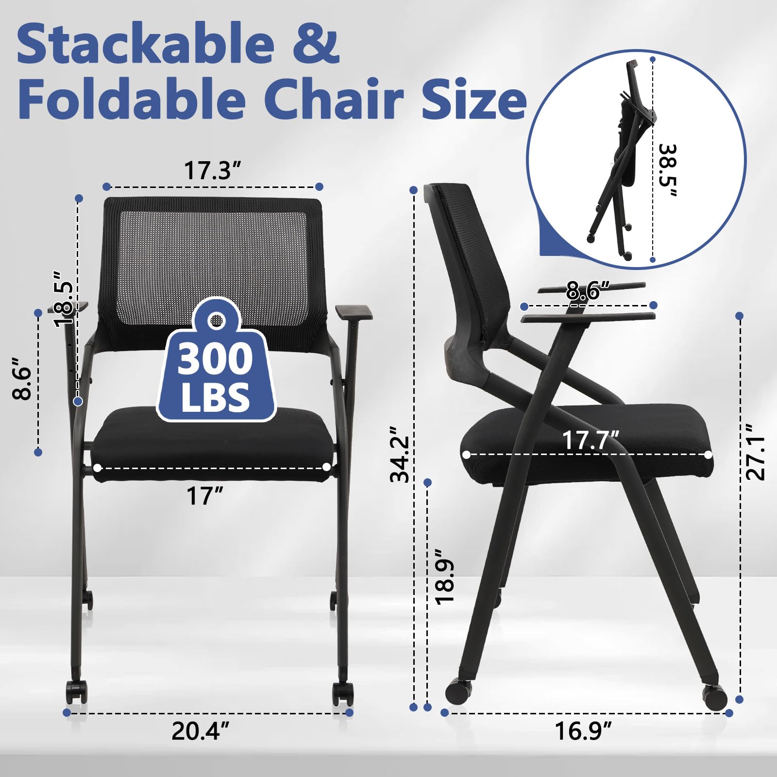 Stackable Foldable Conference Room Chairs with Wheels, Portable Padded Office Desk Chair with Lumbar Support and Armrest for Training Room, Guest, Reception, Black (1pk)