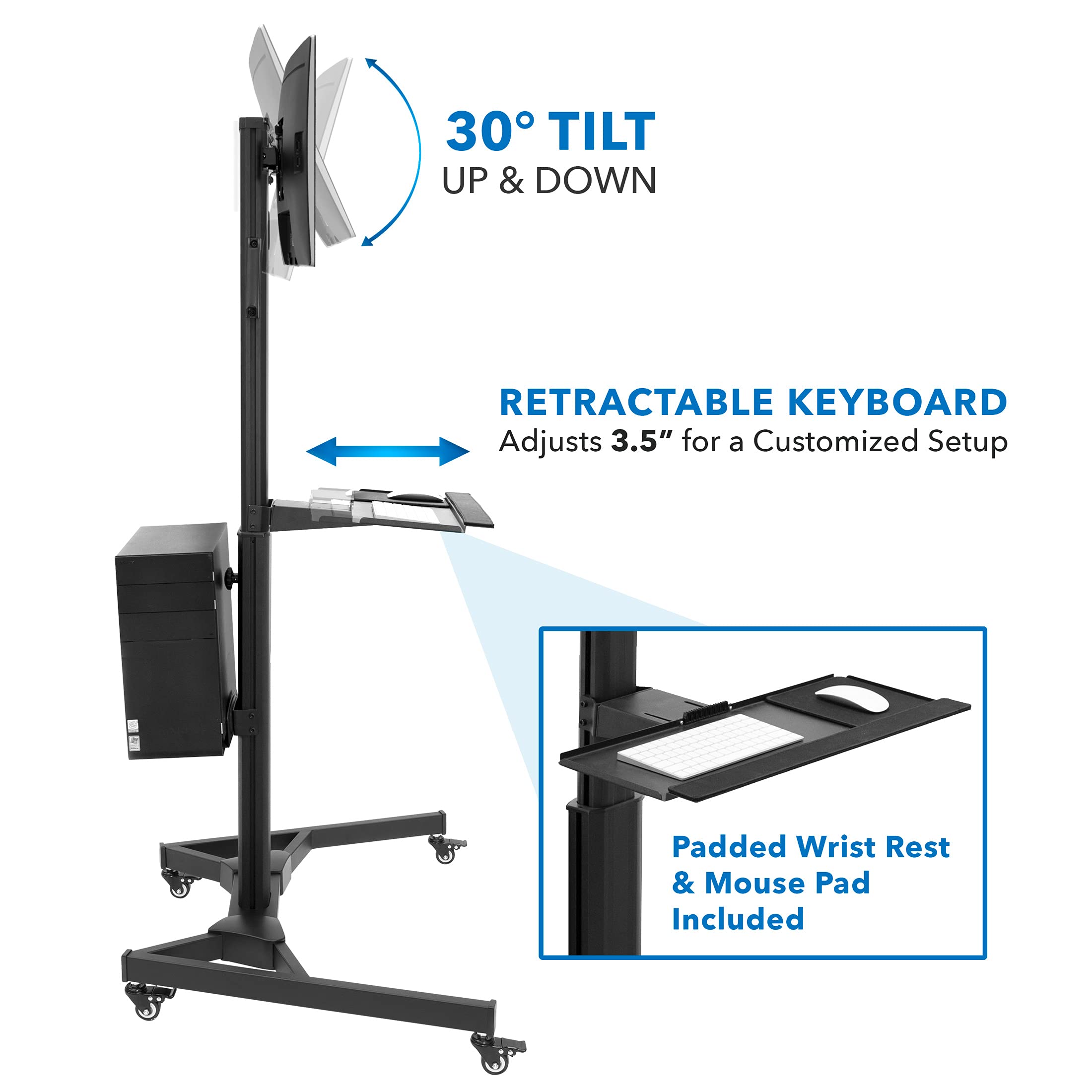 Dual Monitor Computer Cart – Mobile Standing Desk with Wheels, Rolling Workstation with Keyboard Tray, CPU Holder, and Adjustable Screen Mount for Office, Medical, or Warehouse