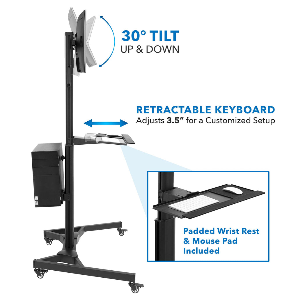 Computer Cart Mobile Desk Workstation with Monitor Mount for Screen up to 32", Rolling Computer Desk PC Cart, Keyboard & Mouse Tray, Rolling Stand with Adjustable CPU Holder, 63.5" Tall
