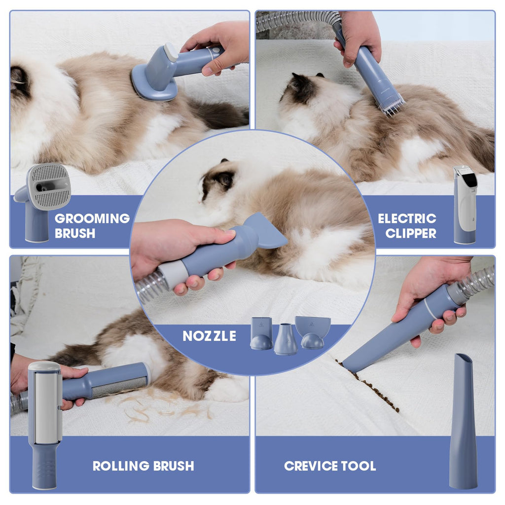 Dog Grooming Vacuum and Dryer Kit, Blower for Pet Vacuum Grooming 7 in 1 with Clippers for Dogs Hair Shedding Brush Remover Tools at Home Blue Grey