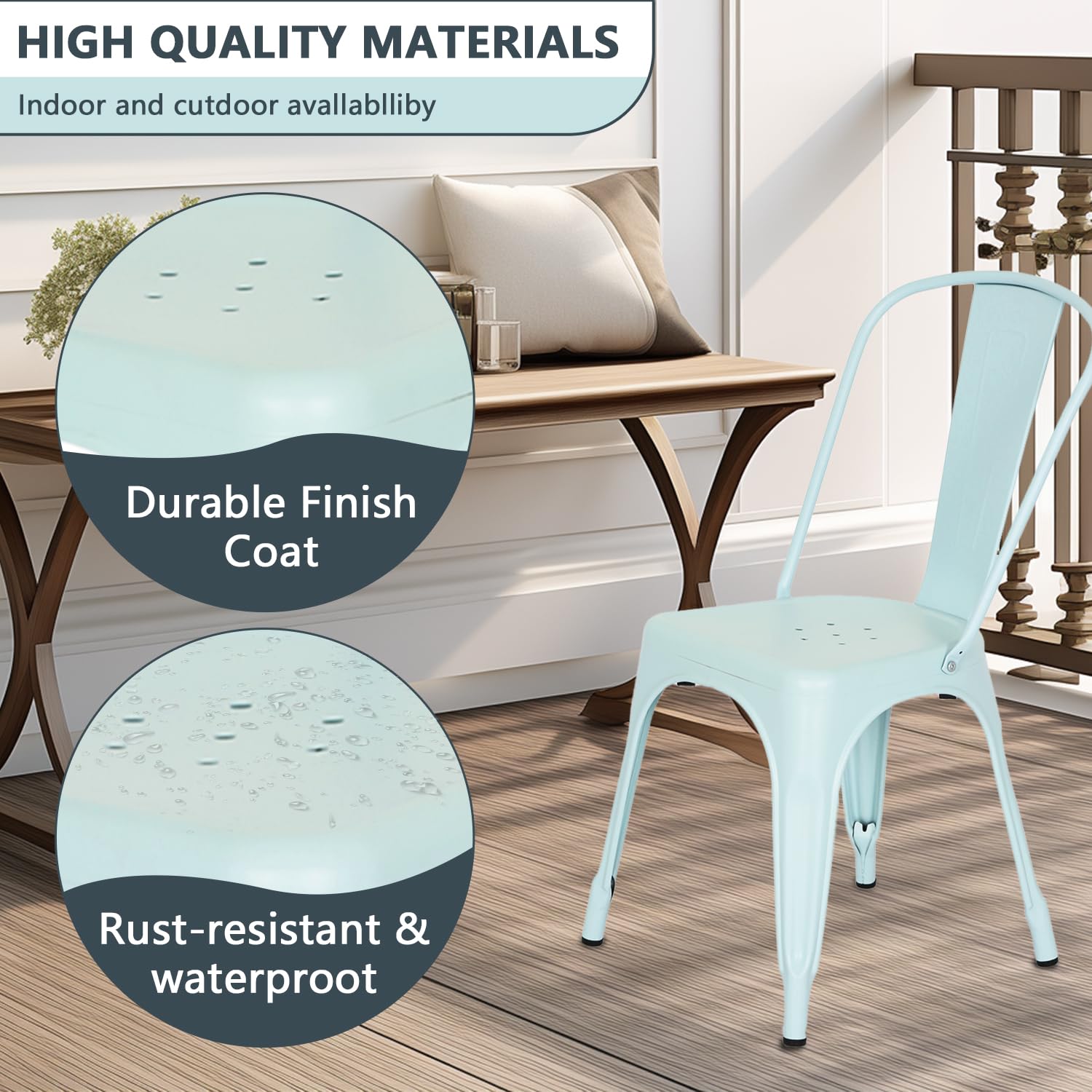 Set of 4 Metal Dining Chairs | Blue | Stackable Tolix Side Chairs with Backrest | Scratch-Resistant | Non-Slip Feet | Indoor/Outdoor Use | 330 lbs Capacity | Ideal for Kitchen & Restaurant