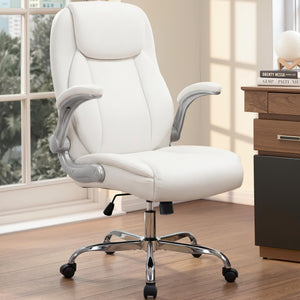 Office Desk Gaming Computer Home Chair Ergonomic Executive High Back Support Flip-up Arms Adjustable Height Swivel Rolling Wheels Comfy PU Leather (White)
