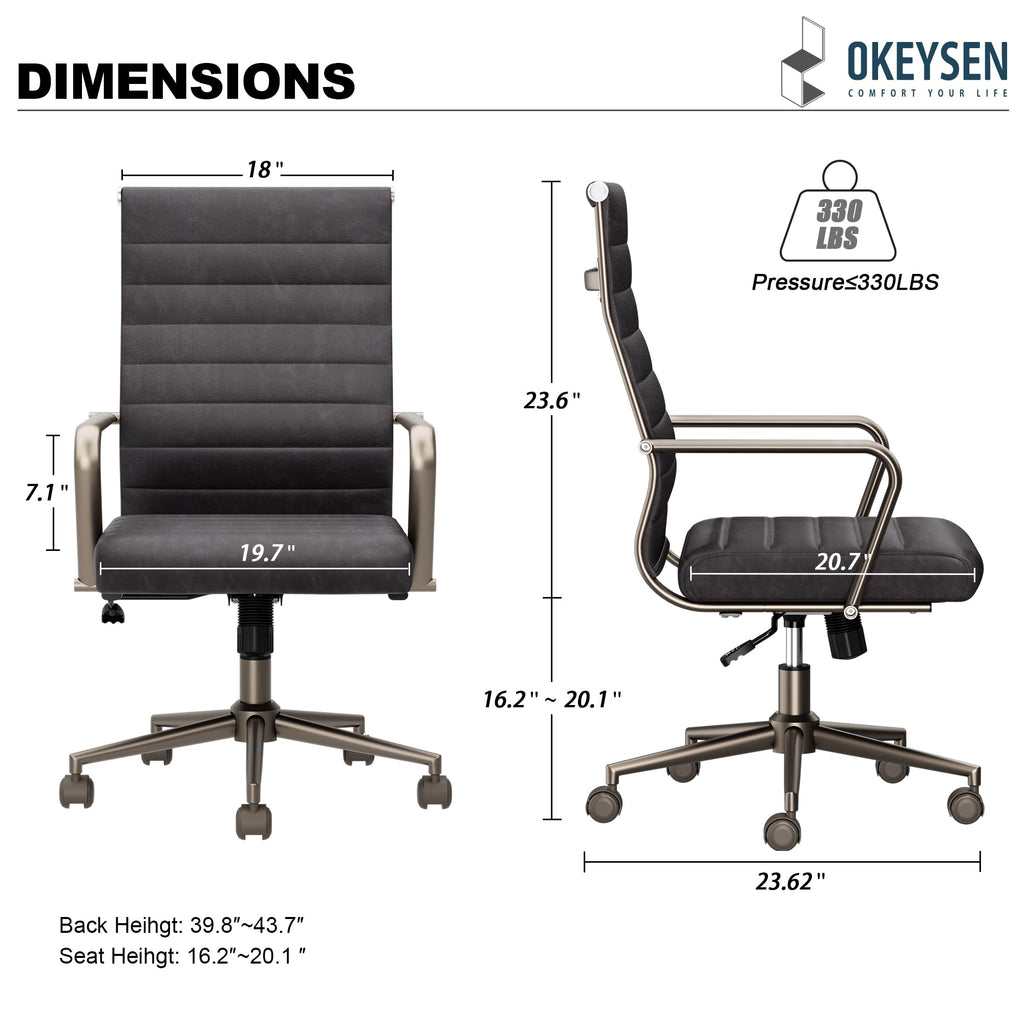 Leather Office Desk Chair, Ergonomic Mid Century Modern Conference Room Chairs, Executive Ribbed Height Adjustable Swivel Rolling Chair for Home Office.