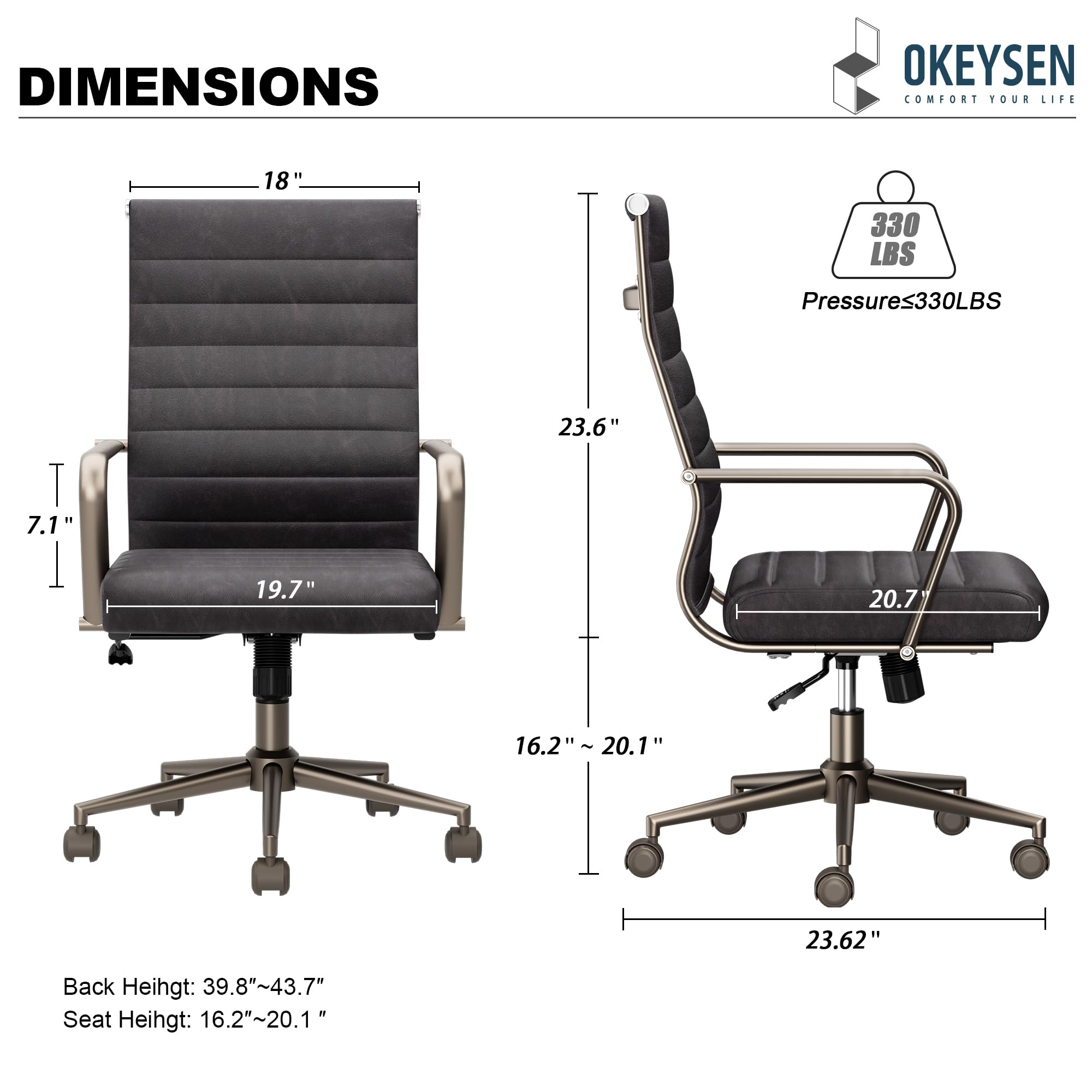 Leather Office Desk Chair, Ergonomic Mid Century Modern Conference Room Chairs, Executive Ribbed Height Adjustable Swivel Rolling Chair for Home Office.