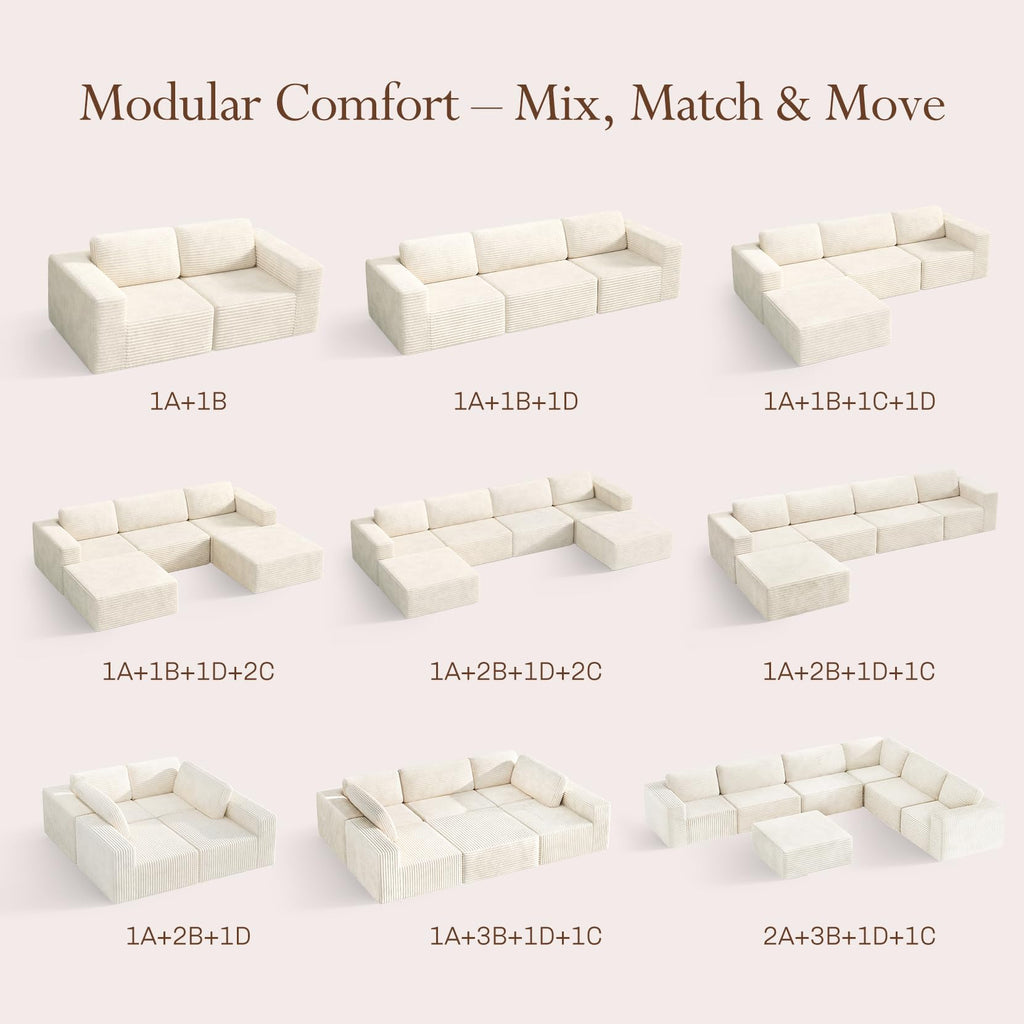 119" L-Shaped Modular Sectional Sofa, Corduroy Cloud Couch with Deep Seating & Spring Support, Flexible Layout Sofa with Ottoman, Boneless Style, No Assembly Required, Beige