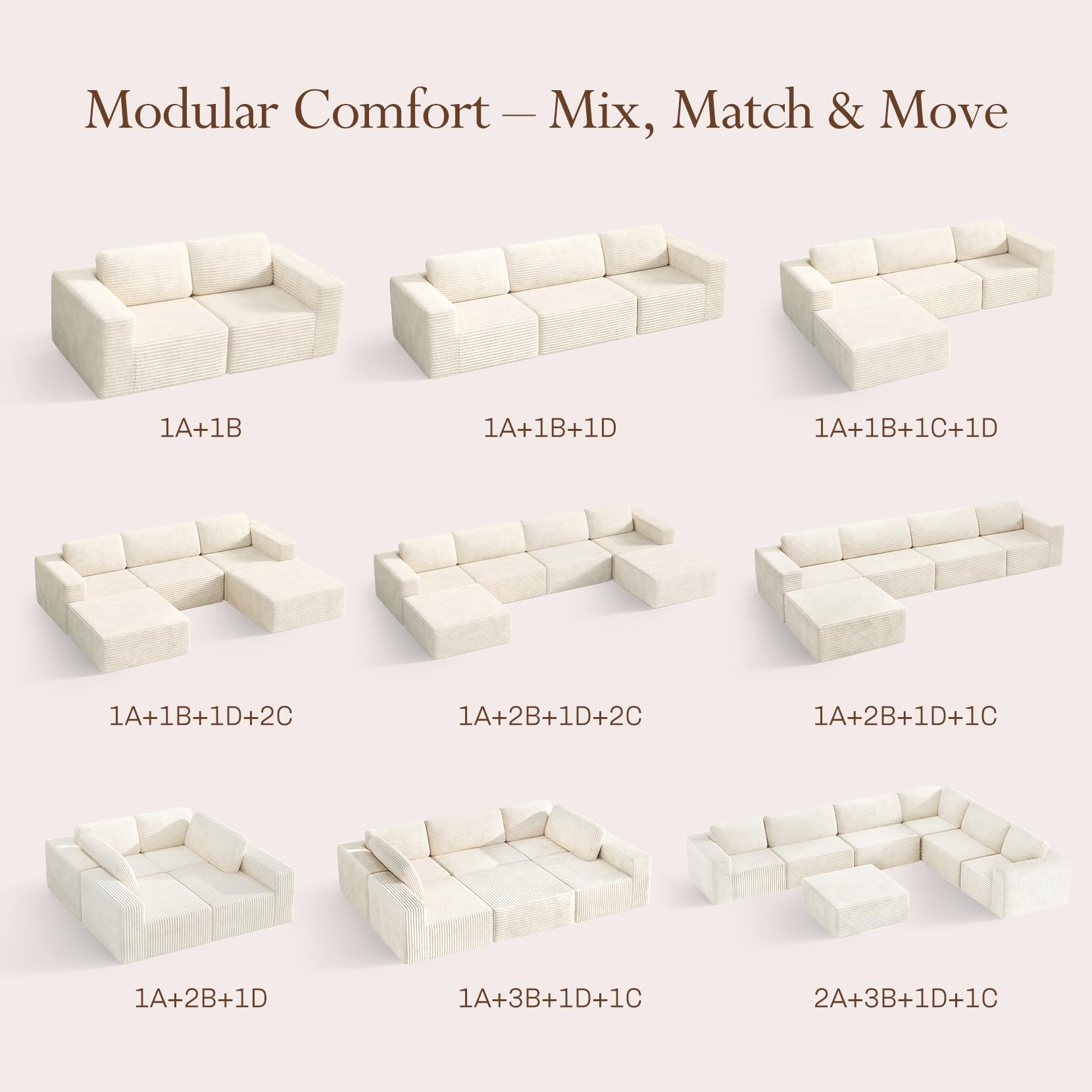 119" L-Shaped Modular Sectional Sofa, Corduroy Cloud Couch with Deep Seating & Spring Support, Flexible Layout Sofa with Ottoman, Boneless Style, No Assembly Required, Beige