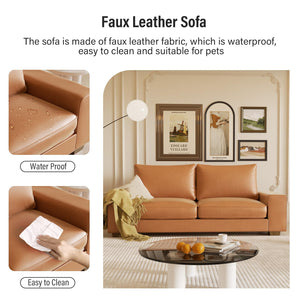 Faux Leather Couch, Mid Century Modern Comfy Loveseat Sofa with Wide Arm, Side Pockets, Solid Wooden Frame for Office, Living Room and Bedroom, 3 Seater (Brown, 88.58 inches)