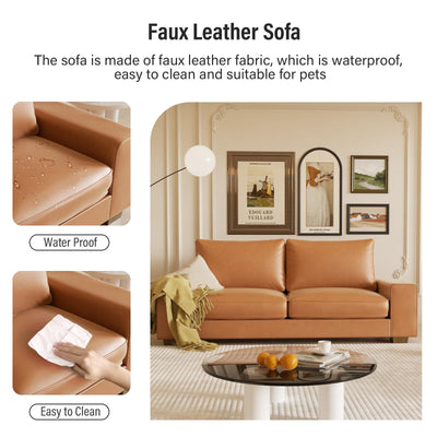 Faux Leather Couch, Mid Century Modern Comfy Loveseat Sofa with Wide Arm, Side Pockets, Solid Wooden Frame for Office, Living Room and Bedroom, 3 Seater (Brown, 88.58 inches)
