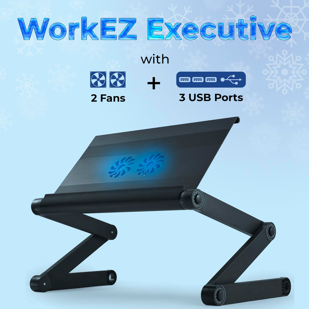 Executive Laptop Cooling Stand, Adjustable Desk for Bed, Foldable with 2 Fans & 3 USB Ports, Computer Lap Desk, PC Holder for Bed, Ergonomic Table Stand, Home Office Supplies, Black