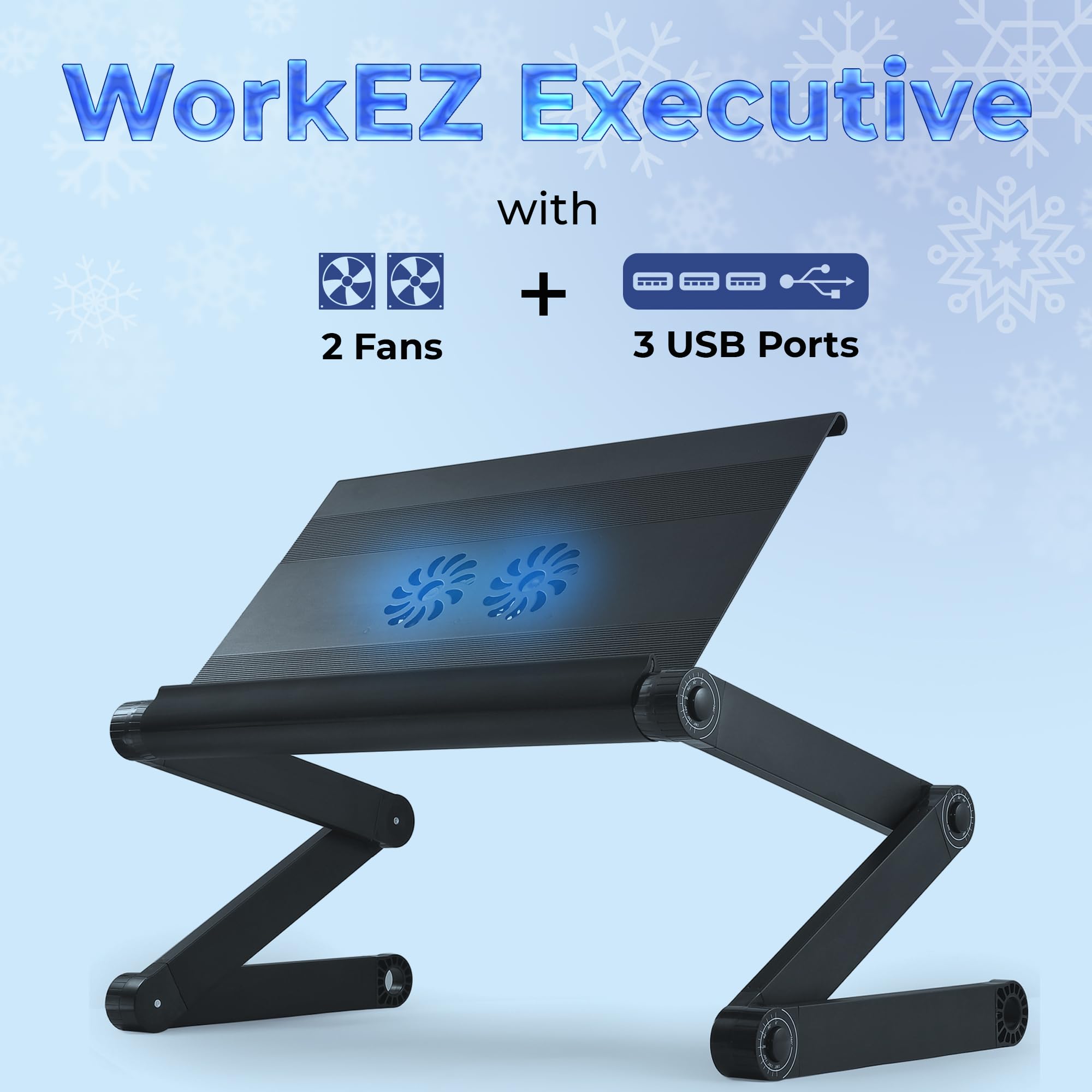 Executive Laptop Cooling Stand, Adjustable Desk for Bed, Foldable with 2 Fans & 3 USB Ports, Computer Lap Desk, PC Holder for Bed, Ergonomic Table Stand, Home Office Supplies, Black