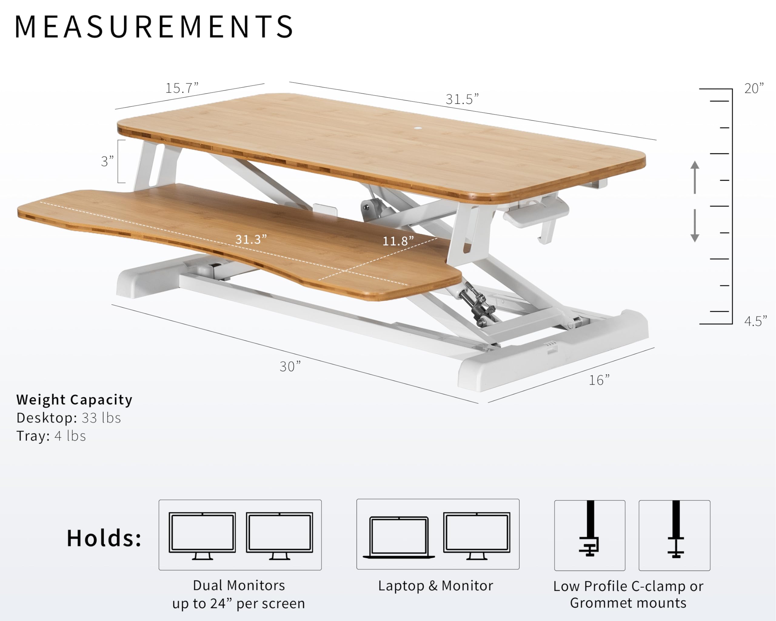 32 inch Desk Converter, K Series, Height Adjustable Sit to Stand Riser, Dual Monitor and Laptop Workstation with Wide Keyboard Tray, Bamboo Top, White Frame, DESK-V000KO