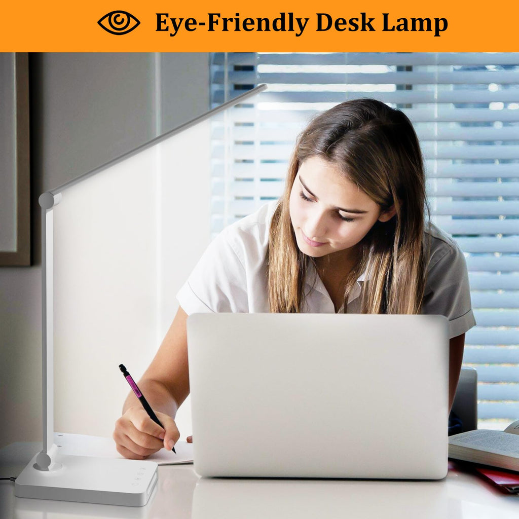 LED Desk Lamp with USB Ports, Touch Control, 5 Color Modes, 3 Brightness Levels, Foldable Design, White
