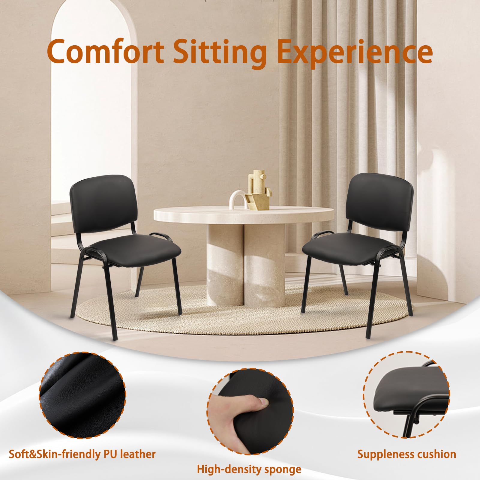 Black Set of 5, Stacking Waiting Room Chairs, PU Leather Armless Office Guest Chair with Metal Frames, Stackable Conference Room Chairs No Wheels for Reception Lobby Side Training School,
