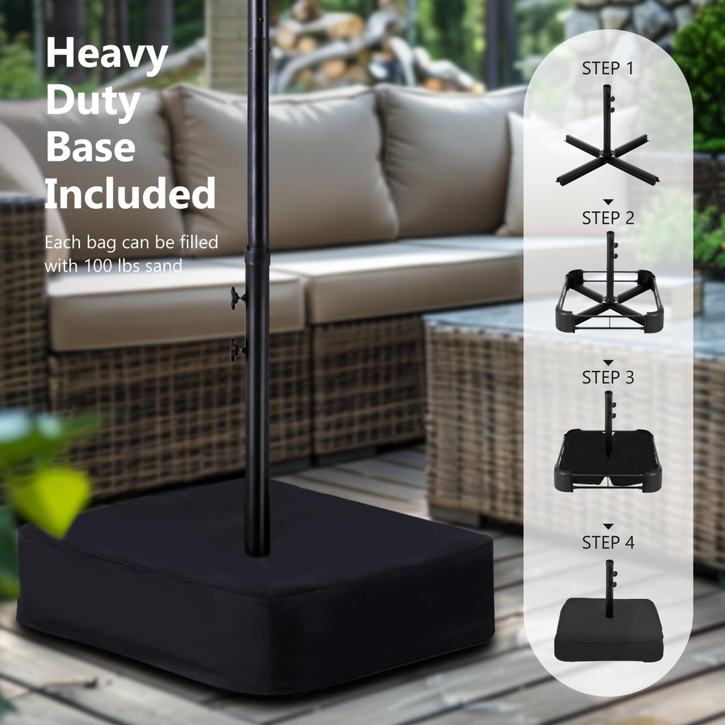 15ft Double Sided Patio Umbrella with Solar Lights, Outdoor Large Umbrellas with Crank Handle and 36 LED Lights, Rectangular Market Umbrella with Base Included for Deck Pool Shade, Ivory