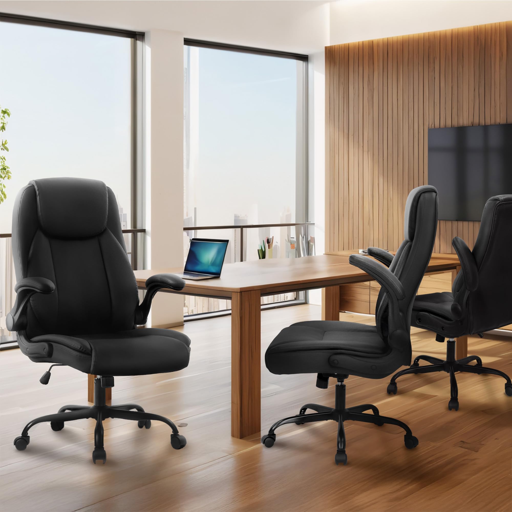 Office Desk Gaming Computer Home Chair Ergonomic Executive High Back Support Flip-up Arms Adjustable Height Swivel Rolling Wheels Comfy PU Leather (Black)