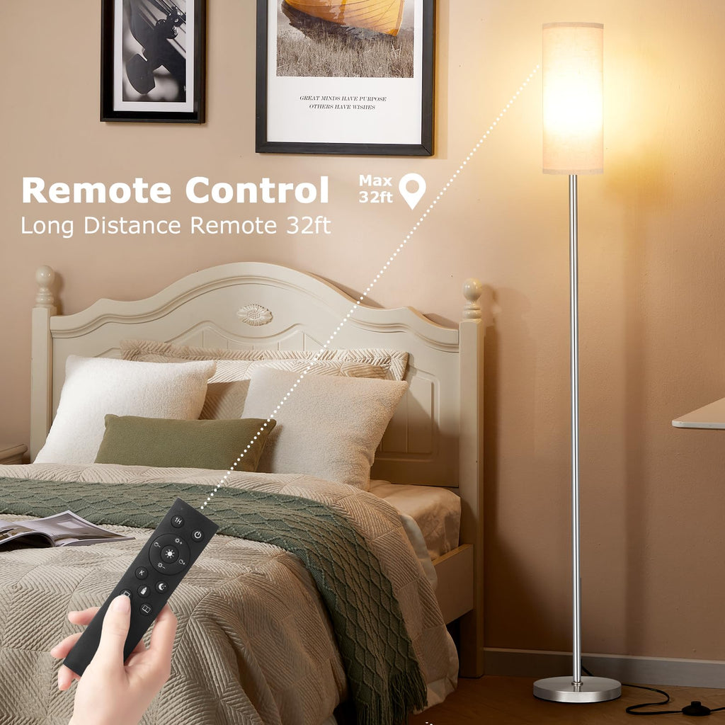 64'' Floor Lamps for Living Room with Remote Control and Stepless Dimmable Colors Temperature & Brightness, 9W Bulb Included(Beige Lampshade & Silver Pole)